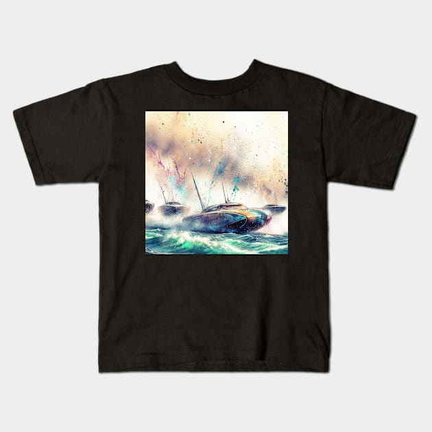 Artistic illustration of high speed boats on the water Kids T-Shirt by WelshDesigns